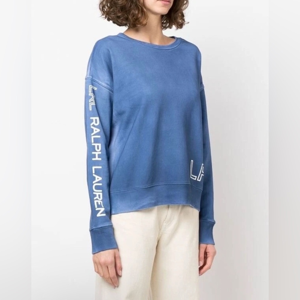 Ralph Lauren Blue Women's sweater pullover Top size L logo print sleeve